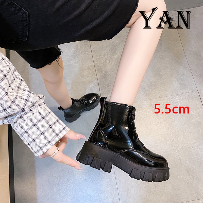 YAN Sepatu Boots Wanita Premium Quality Heel 5.5cm Sepatu Hitam Martin Kulit Terbaru