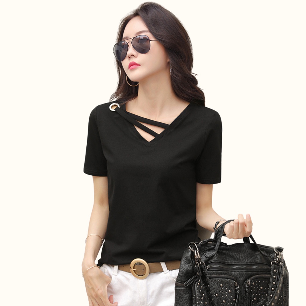 Kaos Lengan pendek wanita Gaya Korea variasi Leher V - XSHOP Recha