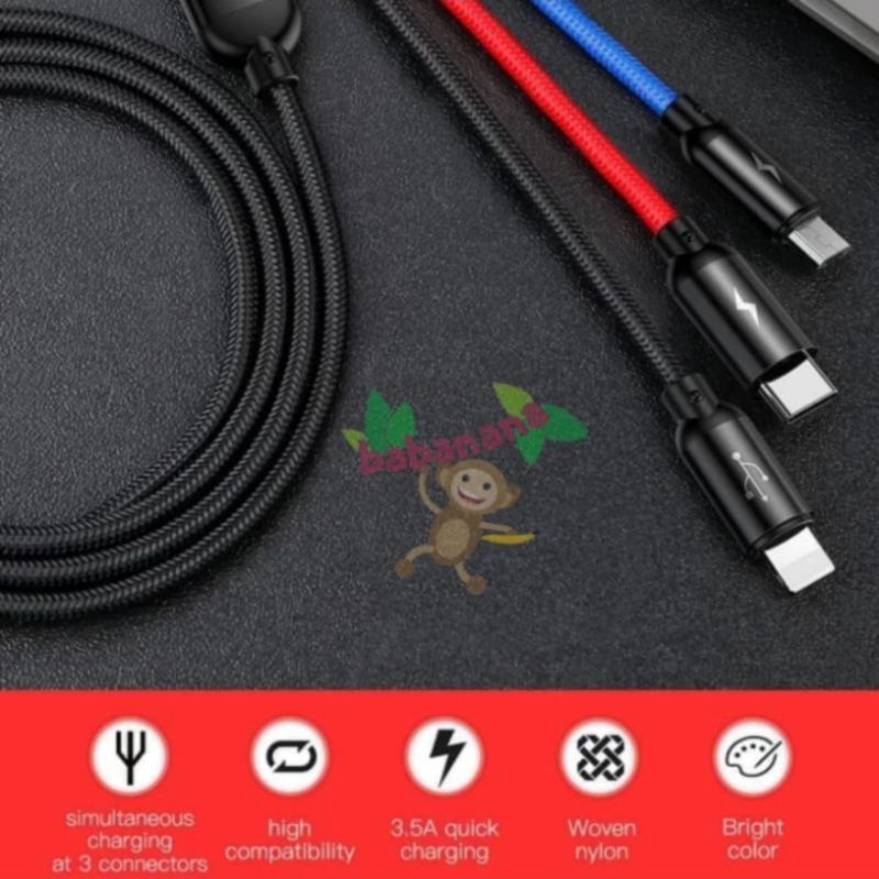 KABEL DATA BASEUS PRIMARY COLORS 3IN1 MICRO+LIGHTNING+TYPE-C 3.5A 1.2M