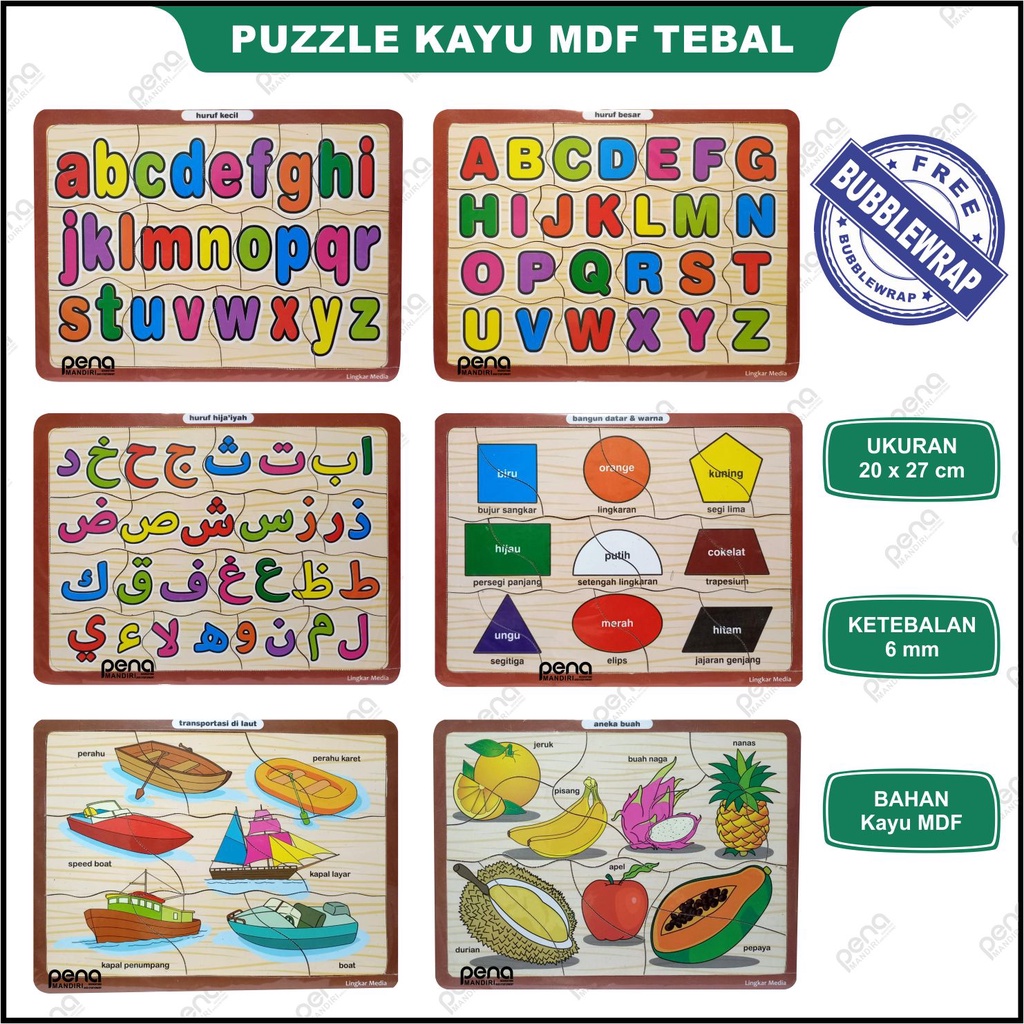 Puzzle Kayu MDF Huruf Hijaiyah Angka 123 Abjad ABC Jigsaw Bongkar Pasang Bisa COD