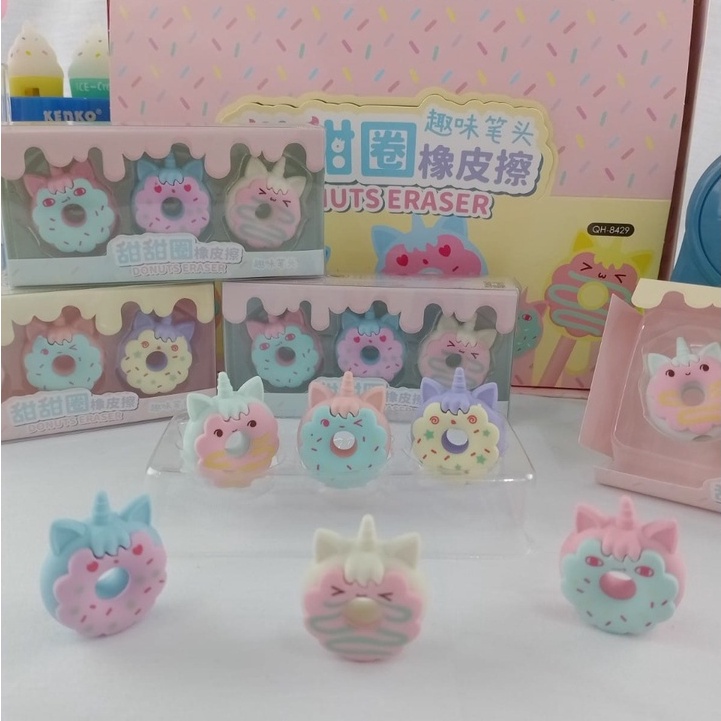 PENGHAPUS FANCY DONUT UNICORN 1 BOX ISI 3 PCS IMUT LUCU HARGA TERMURAH STIP ERASER HAPUSAN KARAKTER DESERT DONAT WARNA CANTIK KUALITAS TERJAMIN BISA GROSIR DAN COD