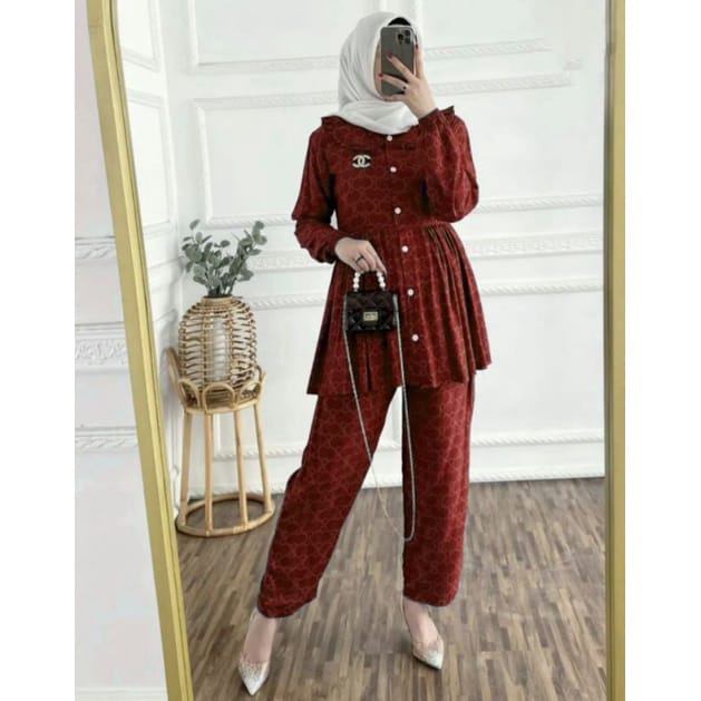 NAUREEN one set panjang motif viral kekinian kancing depan lengan panjang karet bumil/busui