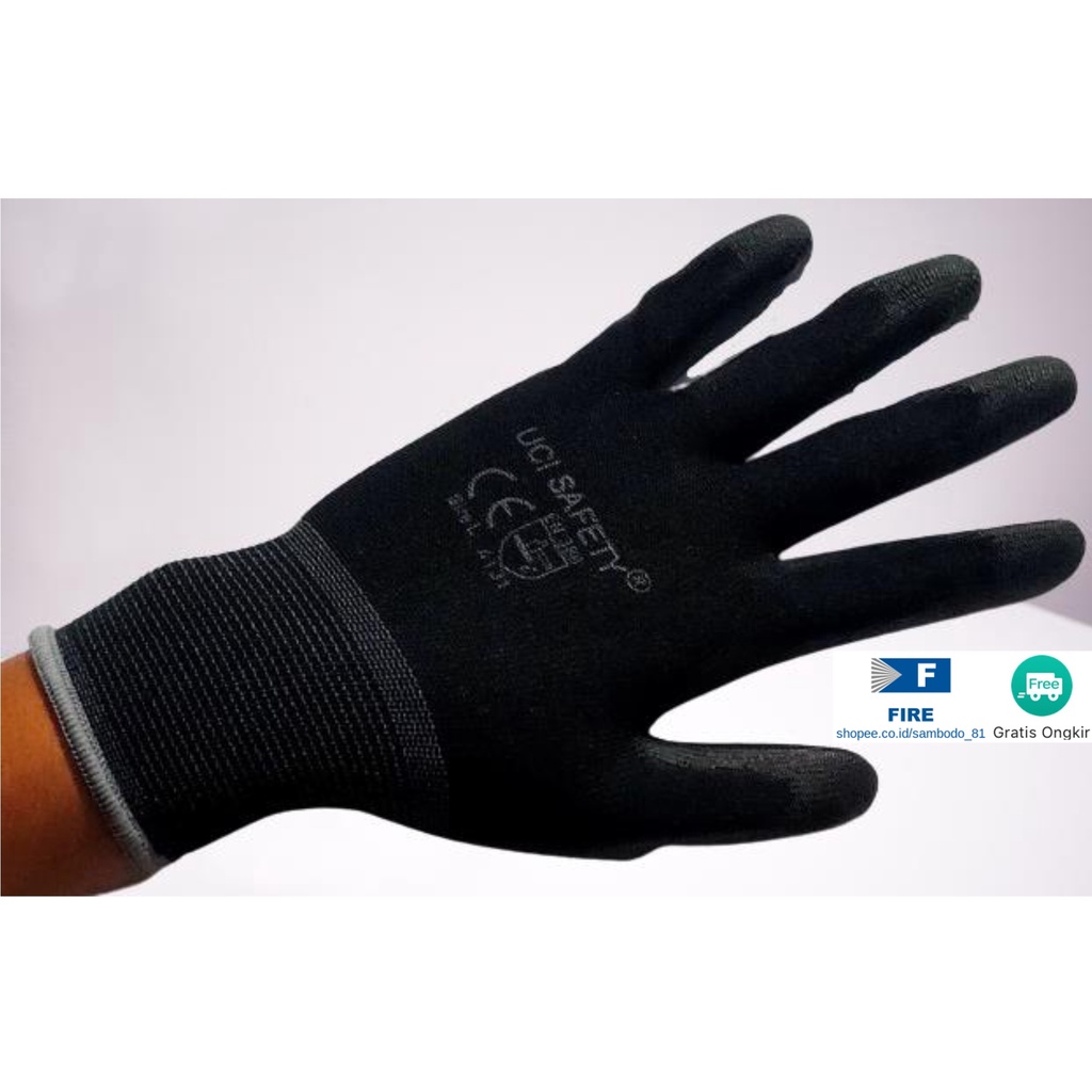 Sarung Tangan Palm Fit Ukuran S,M, L, XL Proyek Satpam Anti Slip Hitam Black Hand Gloves Mekanik Montir Berkebun Tukang Telapak Tangan dilapisi karet Bahan Nylon Polyester Elektronik Assembly Static Multi Purpose Polyurethane
