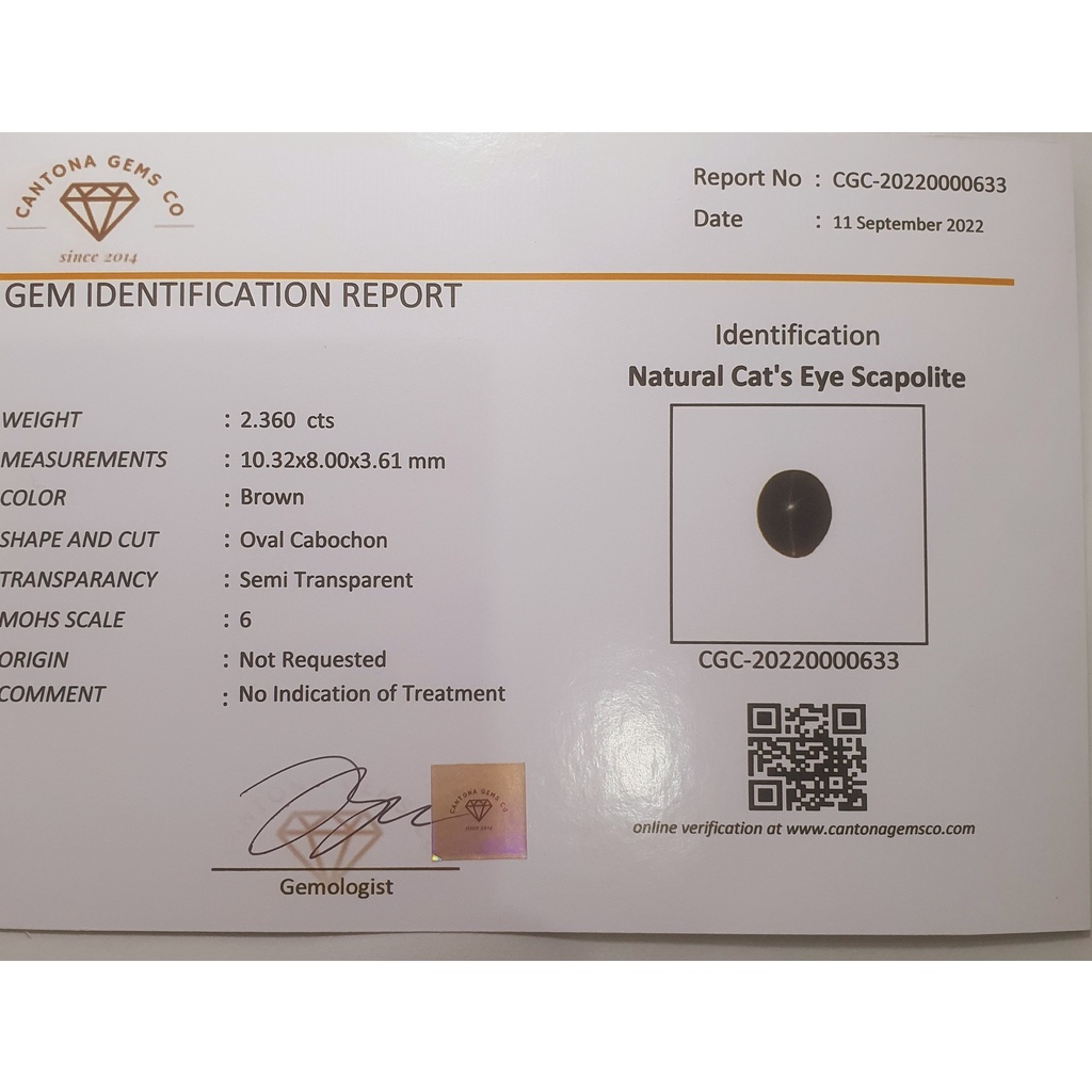 Image of CERTIFIED Natural 2.360ct Cats Eye Scapolite #1