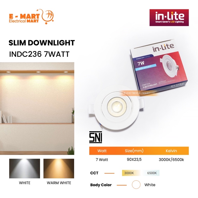 INLITE SLIM DOWNLIGHT 3” 7Watt PUTIH/KUNING INDC236