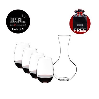 RIEDEL O + GIFT (4 pieces O Wine Tumbler Cabernet/Merlot and 1 Syrah Decanter)