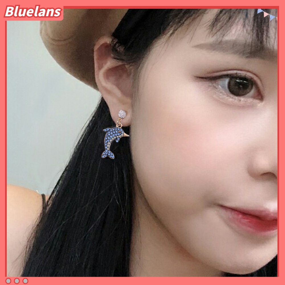 Bluelans Cute Dolphin Shape Shiny Full Rhinestone Inlaid Women Stud Earrings Jewelry Gift