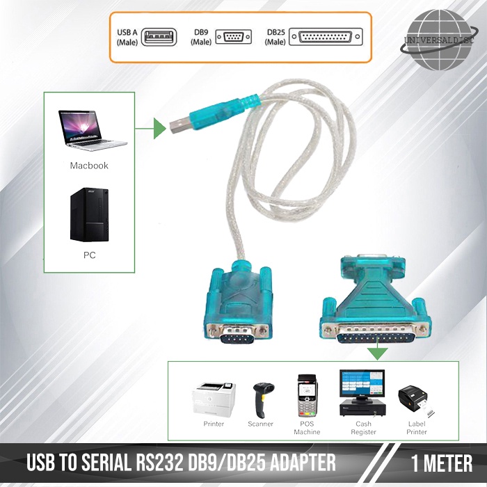 USB 2.0 to 9/25 Pin Serial RS232 Cable DB9/DB25 Adapter