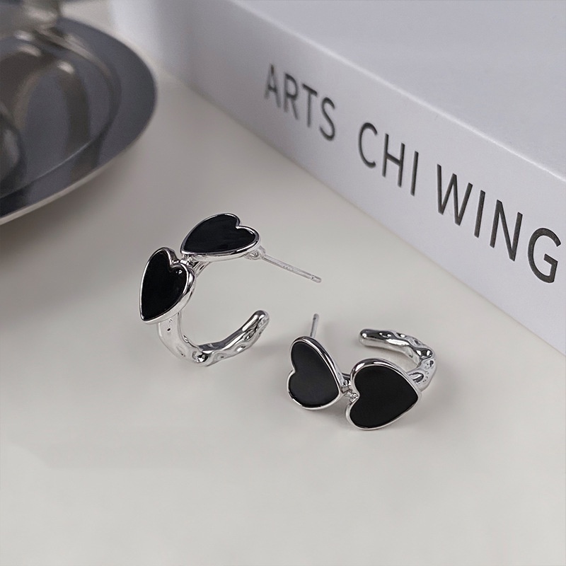 Roselife Anting Tusuk Gantung Bahan Sterling Silver 925 Desain Hati Hitam Gaya Keren / Punk Untuk Wanita