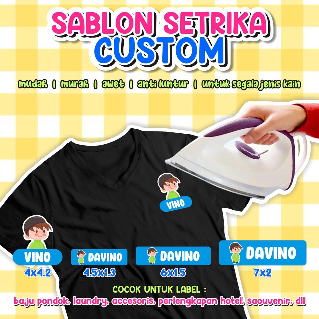 

Stiker Sablon Setrika | Stiker Kain | Stiker Nama Label | Label Hijab | Label Nama Baju Anak Pesantren | Custom Siap Press | Sablon