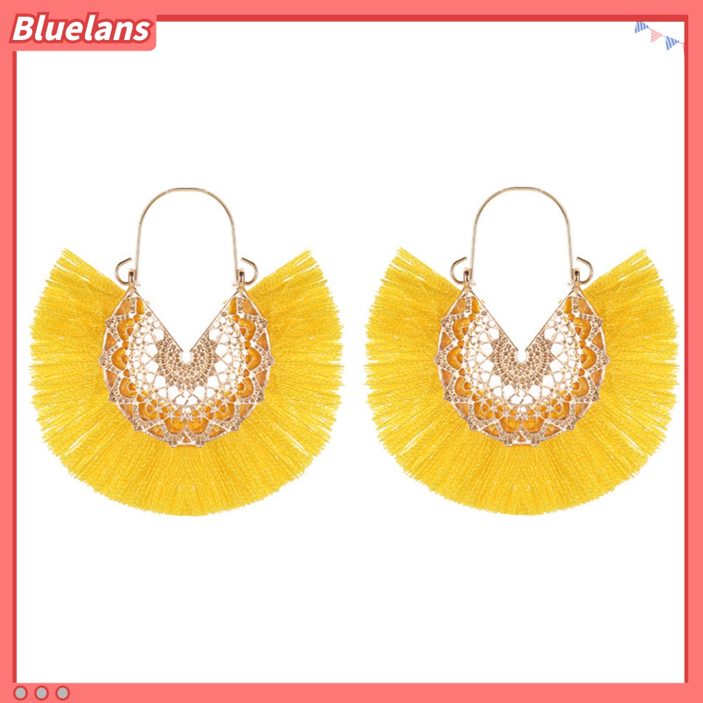 Anting Hoop Rumbai Bentuk Kipas Motif Bunga Gaya Bohemian Untuk Wanita