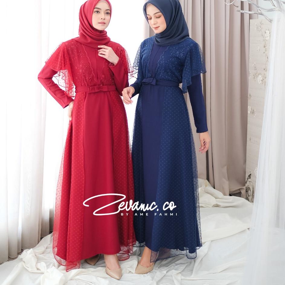 Terbaru--Lesya Maxi Dress Gaun Pesta / Gamis Kondangan Acara Resmi Dengan Kombinasi Tulle Dot Tile D