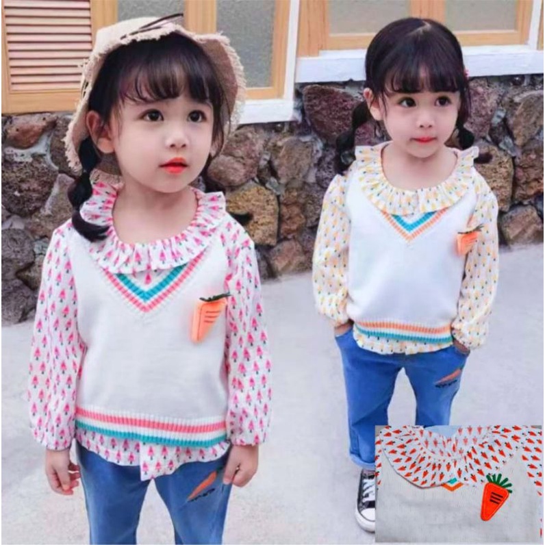 Setelan CELANA JEANS + BLOUSE VEST RAJUT  BRENDA anak cewek import 1-5 tahun/  Setelan Baju 3in1 Anak Perempuan  sweater rajut /  Setelan sweater rajut Anak Import Korea  /  Baju Anak Perempuan Korea Style