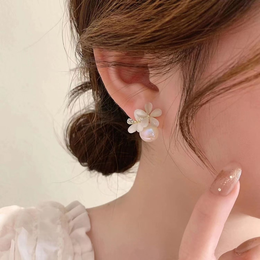 XiaoboACC Anting Tusuk Sterling Silver 925 Desain Bunga Hias Opal + Mutiara Gaya Korea Untuk Wanita