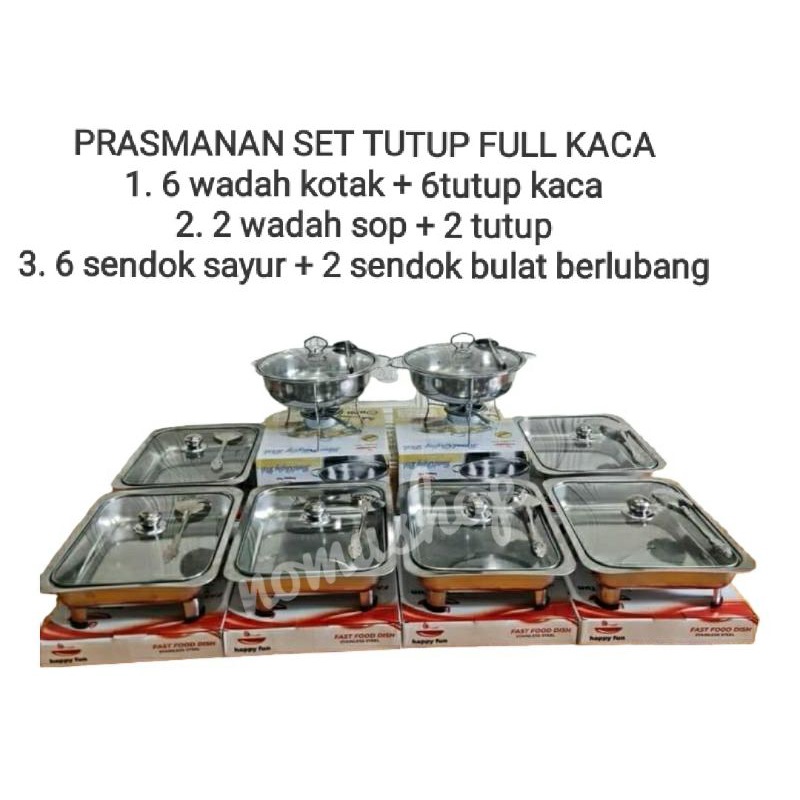 prasmanan wadah sayur stainless tutup kaca 6 kotak 2 wadah bulat sop 8 sendok