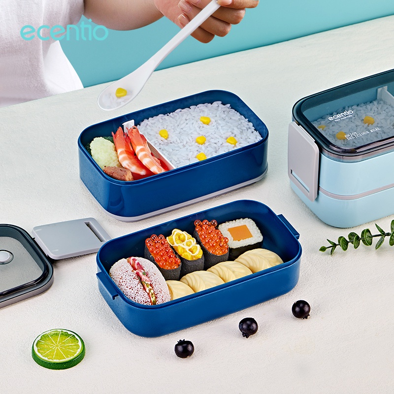 FOODI Kotak Makan 2 susun 1600ml Dark biru Kotak Bekal Anti Bocor lunch box Double layer Bento tempat makanan Free sendok&amp;sumpit warna