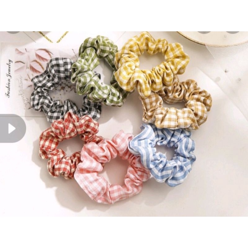 IKAT RAMBUT GAYA KOREA SCRUNCHIE POLOS DAN MOTIF KOTAK LUCU