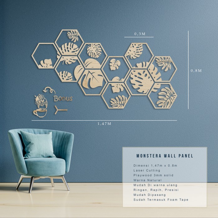 Dekorasi Hiasan Dinding Timbul 1.47m x 0.8m Elegan Hexagonal Monstera Wall Panel Decor Ukuran Besar