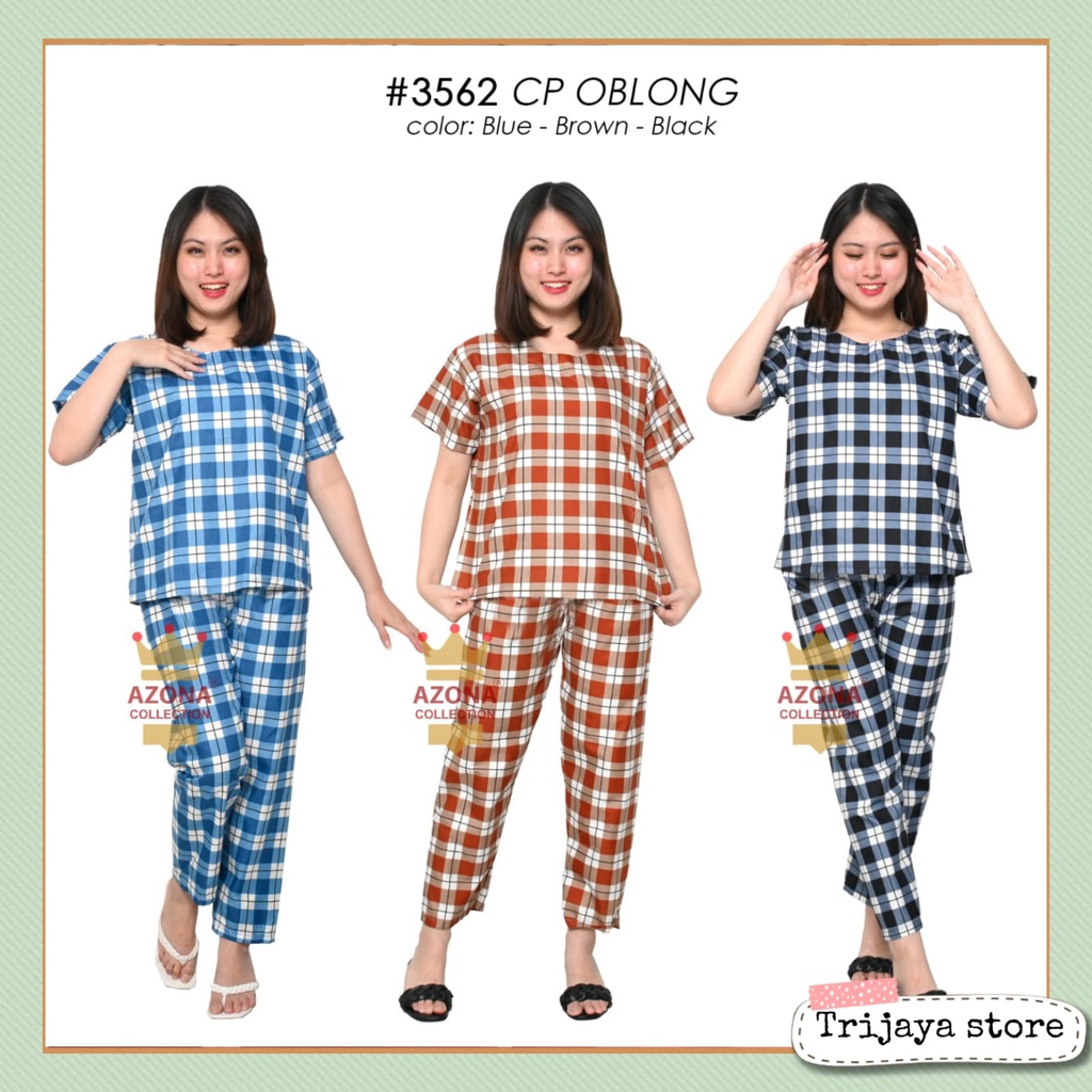 Trijaya . piyama wanita cp oblong motif kotak NEW / one set baju dewasa oblong katun eropa