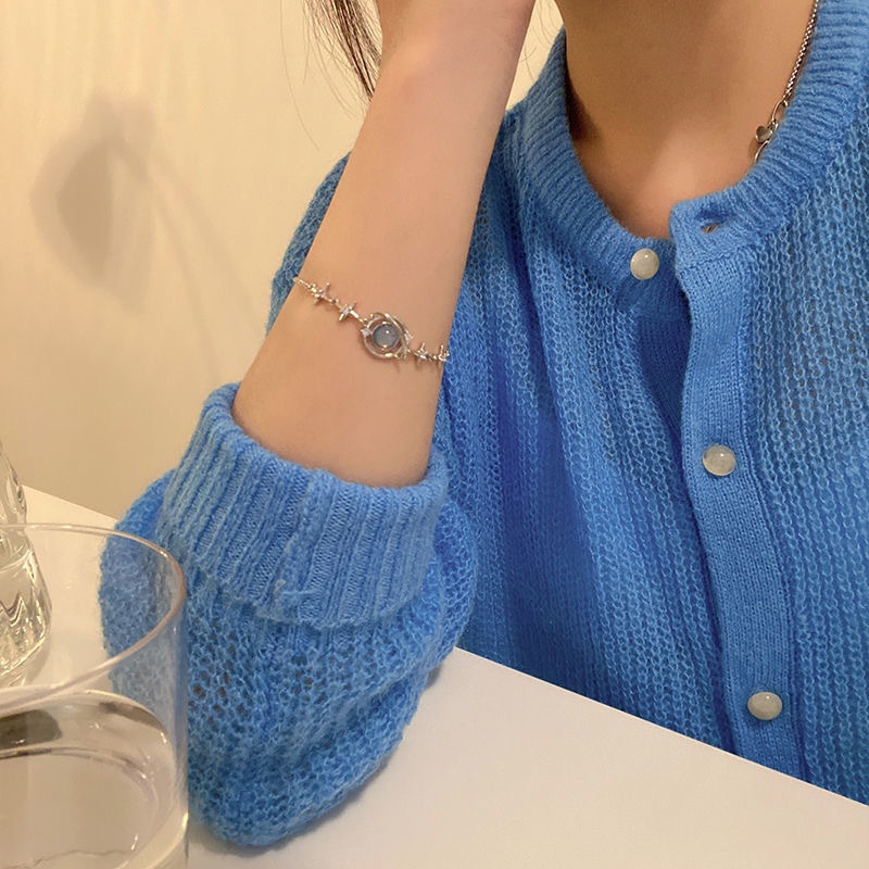 Roselife Korea Moonstone Sparkling Star Blue Planet Bracelet Untuk Wanita Gadis Bersinar Langit Berbintang Semesta Gelang Perhiasan Hadiah Untuk Pacar Teman