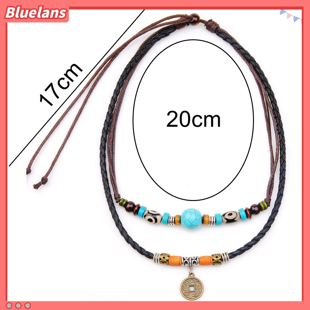 Kalung Choker Multilayer Dengan Liontin Koin Manik-Manik Turquoise Imitasi Untuk Pria