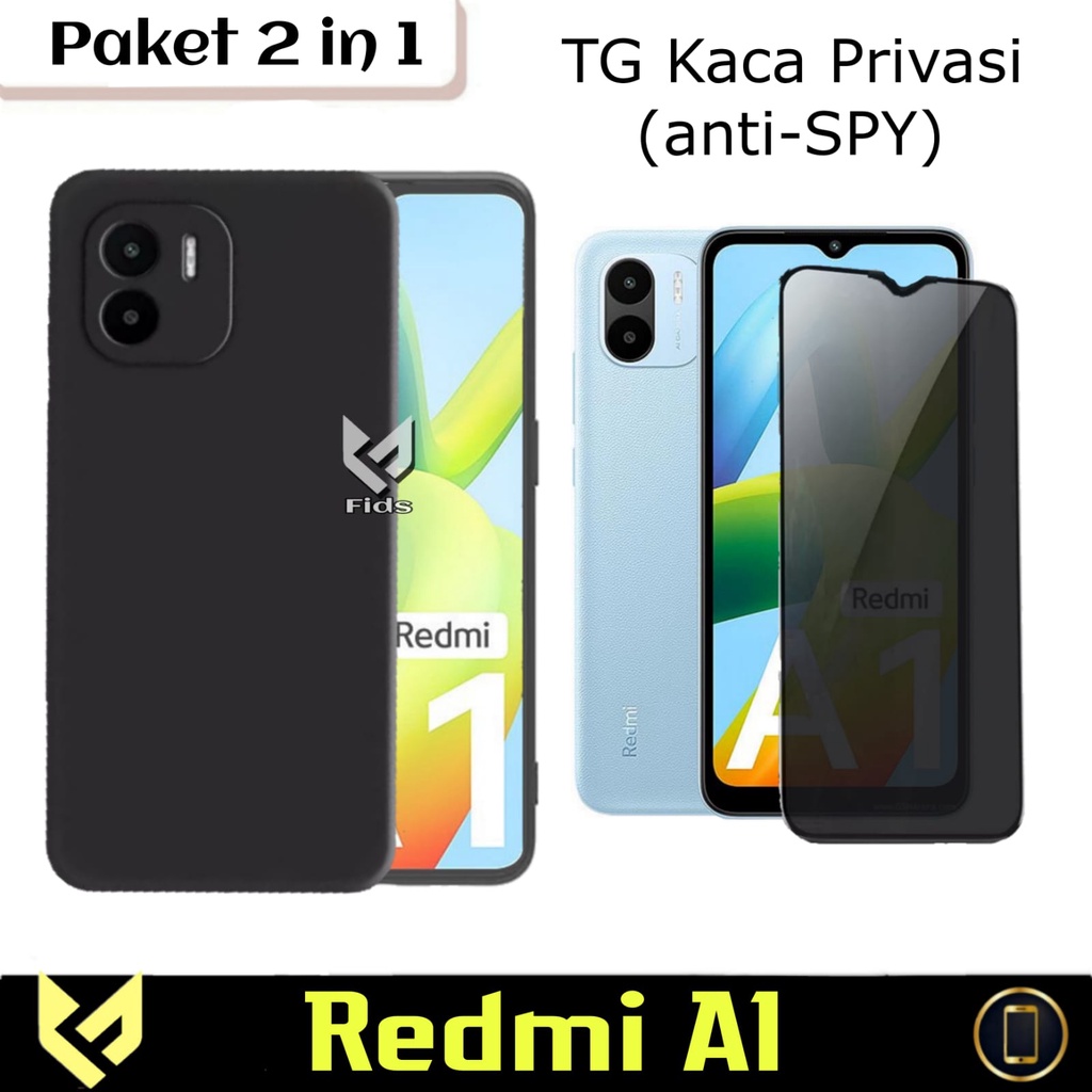 Paket 2in1 Case REDMI A1 2022 / REDMI A2 Soft Case Black Matte Free Tempered Glass Layar Anti Gores Layar Anti SPY Anti Blue Anti Glare