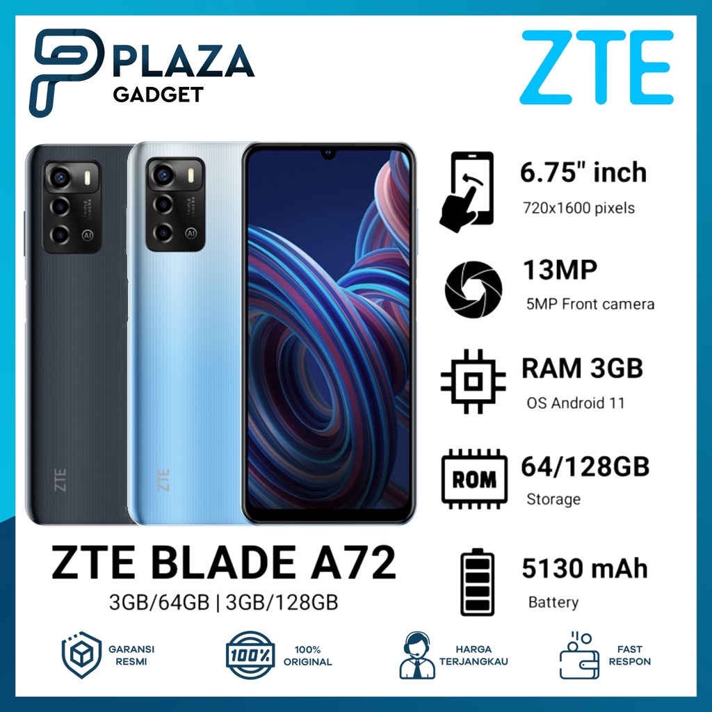 ZTE BLADE A72 3/128 3/64 RAM 3GB ROM 64GB ROM 128GB GARANSI RESMI 1 TAHUN