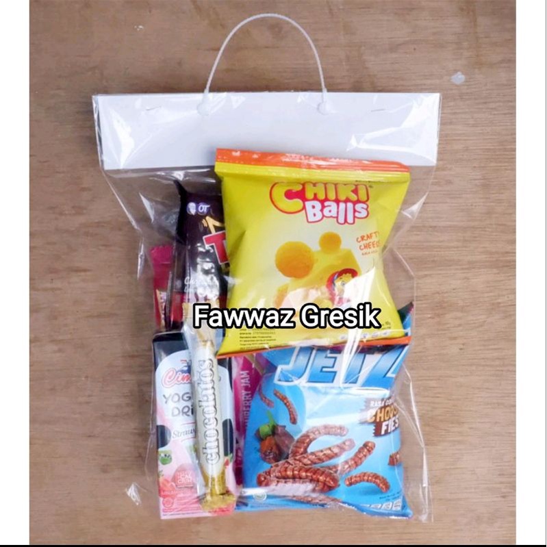 Isi 100 pcs Tali Plintir Souvenir Snack 17 cm Putih Hitam Gantungan Jinjing Tenteng Handel Tas Plastik Pouch Kemasan