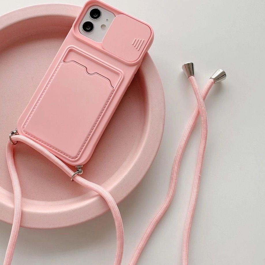 Terlaris SoftCase dompet kartu polos Bahan Silikon Dengan Lanyard dan Card Holder Untuk Iphone Xr , 