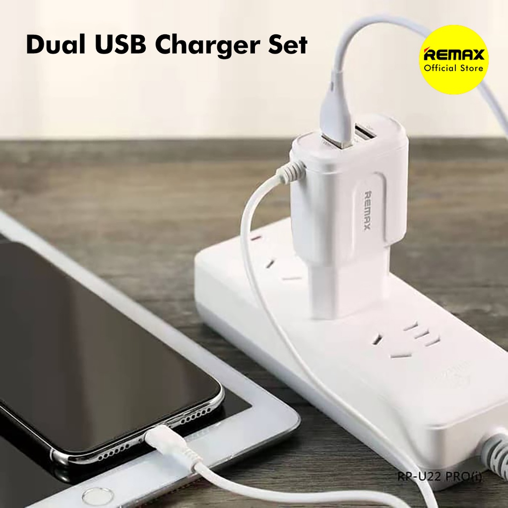 Remax Charger Adapter 2 Port USB + Built In Kabel Lightning iPhone 2.4A RP-U22PRO-I