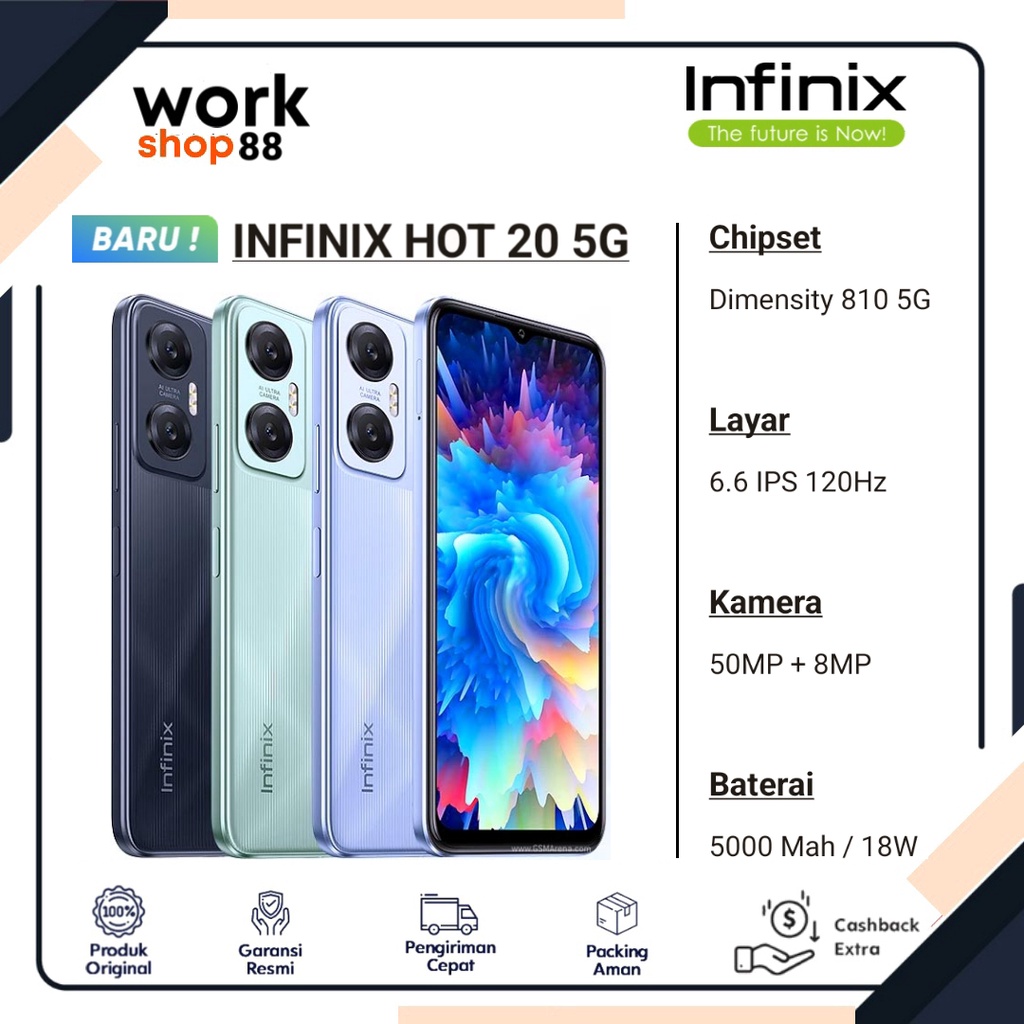 PRODUK TERBARU - Hp Infinix HOT 20 5G 2022 [ 4GB + 3GB Extended Up To Ram 7GB ] Rom 128GB - New Original Garansi Resmi Nasional - Warna Baru NFC Blue Black green Hitam hijau Biru - Internal 6/128 6GB 6 7 12GB 7/128 - Promo Harga Diskon Murah