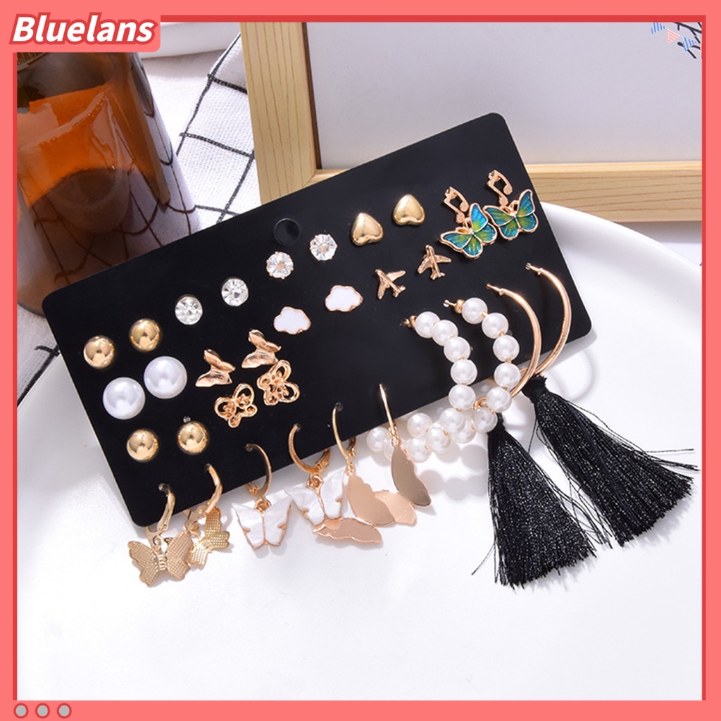 1 Set Anting Stud Rumbai Panjang Bentuk Kupu-Kupu Aksen Mutiara Imitasi Gaya Bohemian