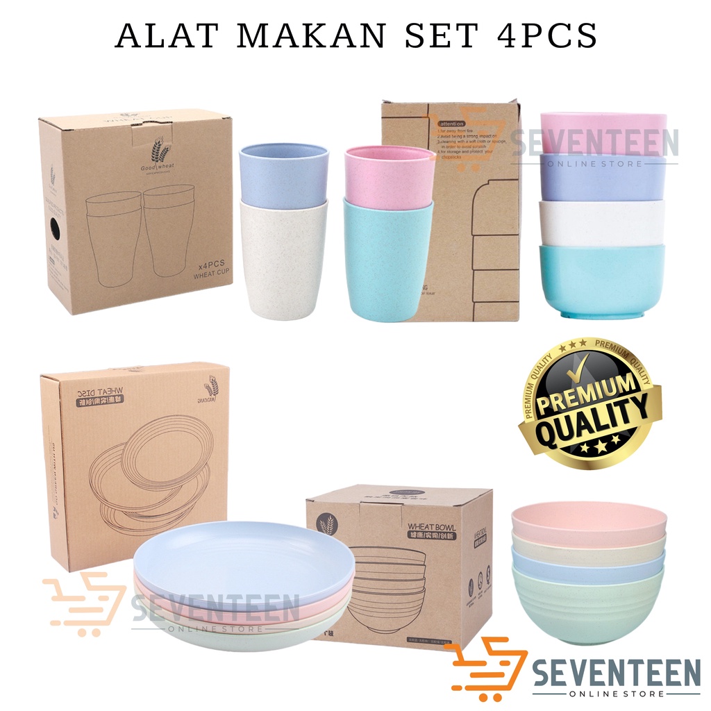 SEVENTEEN MANGKOK SET 4PCS WHEAT STRAW FOOD GRADE MANGKUK MAKAN BOWL SET BAYI GELAS PIRING SET PERLENGKAPAN DAPUR ALAT MAKAN SET