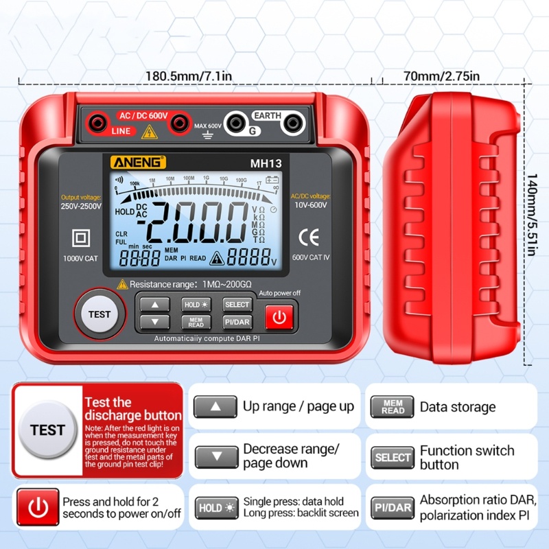 Megohmmeter Digital Insulasi Resistensi 100 Grup Data-Power-Off Otomatis Untuk Industria