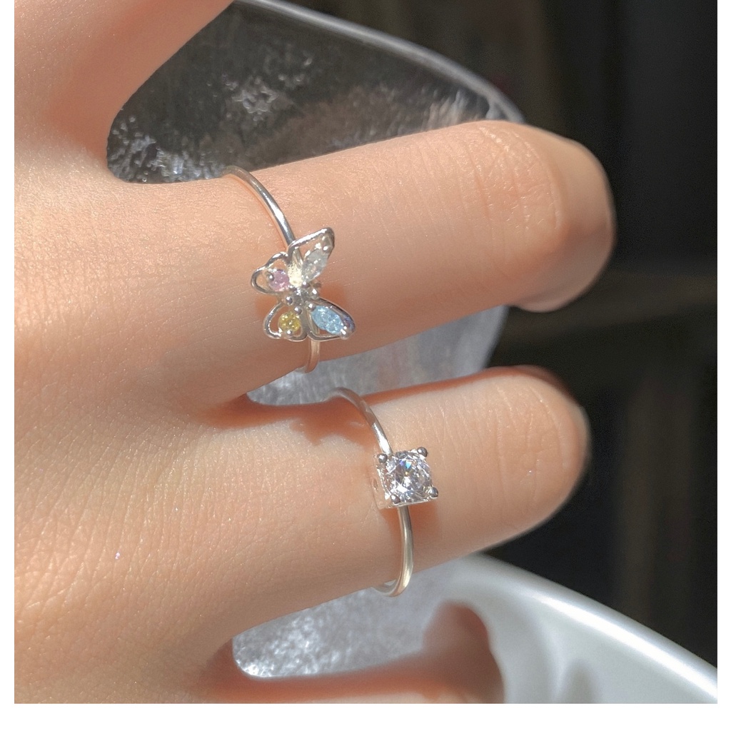 Cincin S925 Silver Desain Kupu-Kupu Aksen Kristal Warna-Warni Untuk Wanita