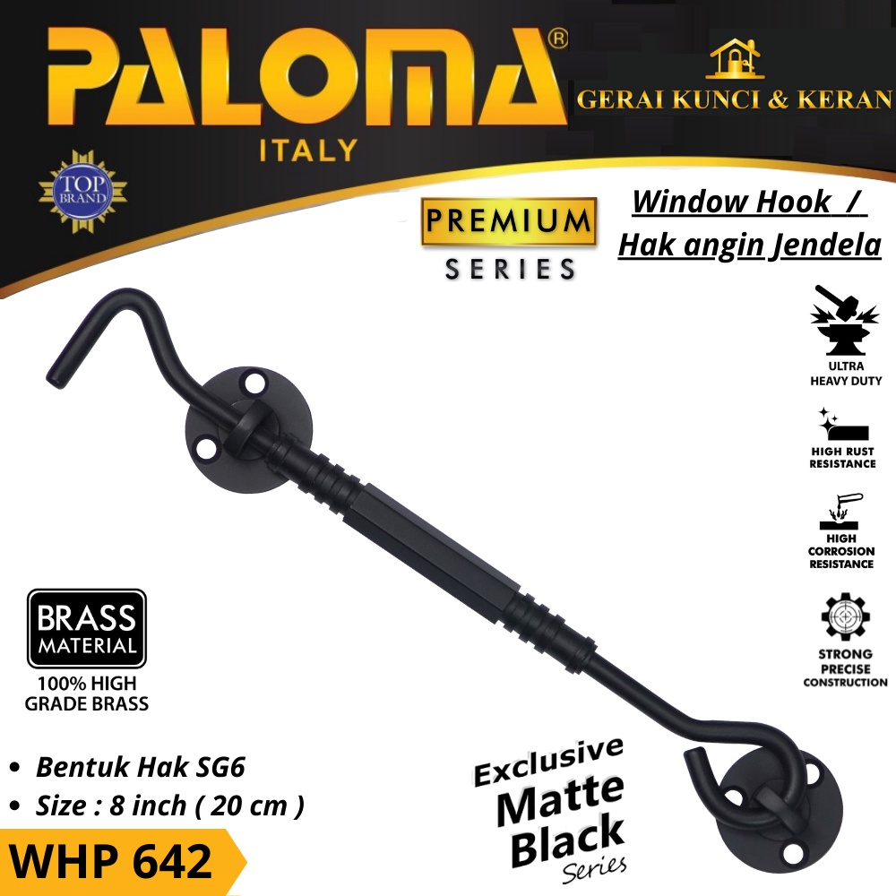 PALOMA WHP 642 BRASS Hak Angin 8 INCH Penahan Jendela HITAM BLACK MATTE