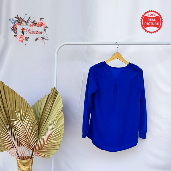 Atasan Wanita Wolly Crepe Import Polos Kantong Depan Warna Biru Blouse Kasual dan Formal Korea Style Untuk Kerja Lengan Bisa di gulung