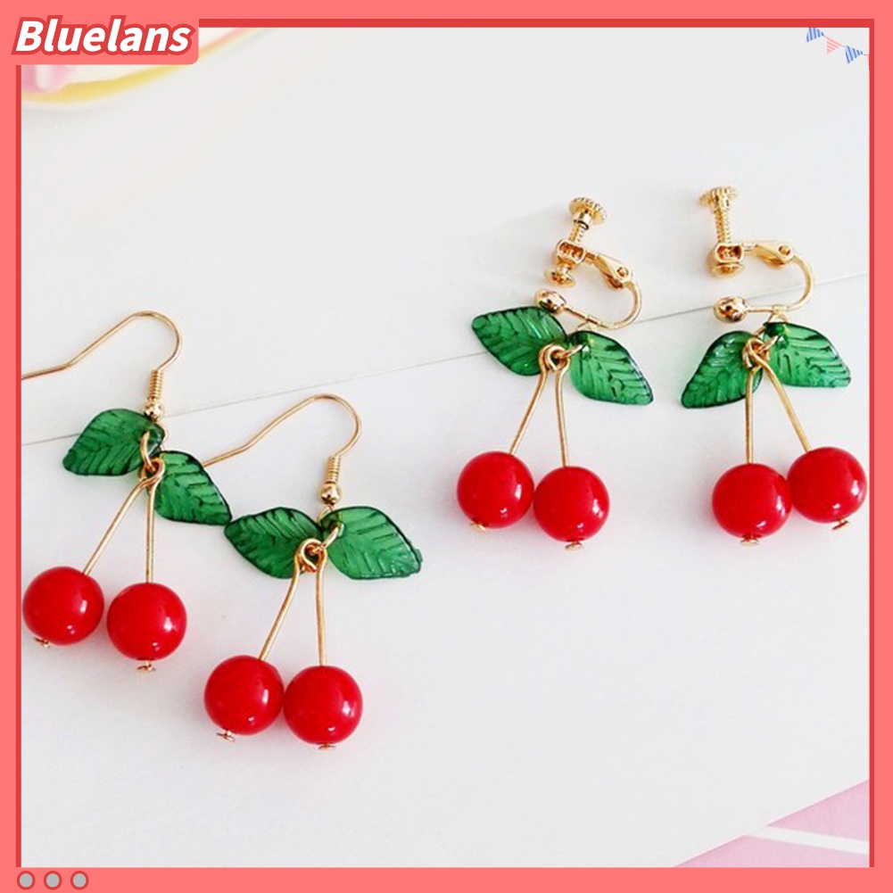 Anting Kait Gantung Desain Buah Ceri Merah Daun Hijau Untuk Wanita