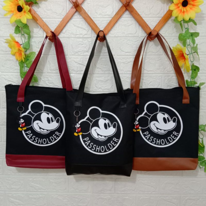 Totebag Sekolah Kuliah Wanita Karakter Micky Mouse Free Gantungan Kunci