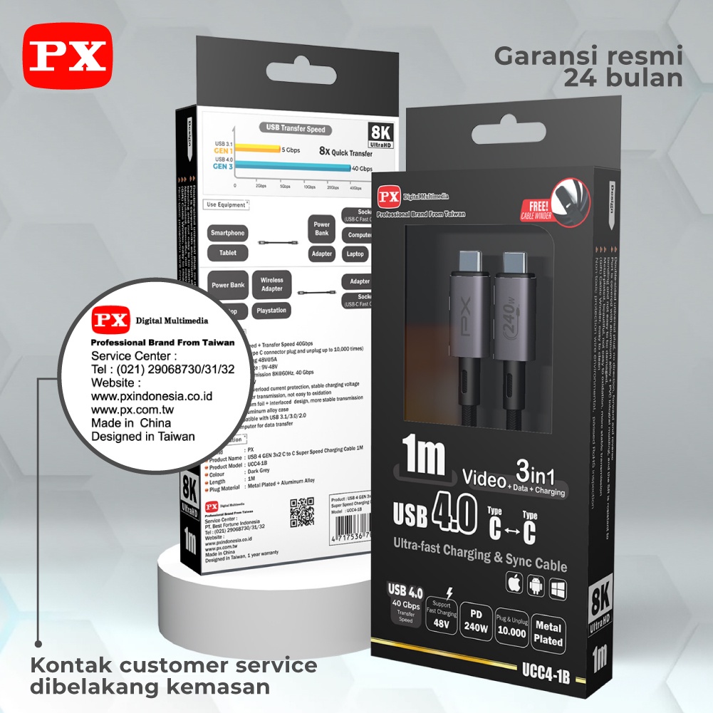 Kabel Charger Fast Charging USB C 8K Kabel Data 240W 1 PX UCC4-1B