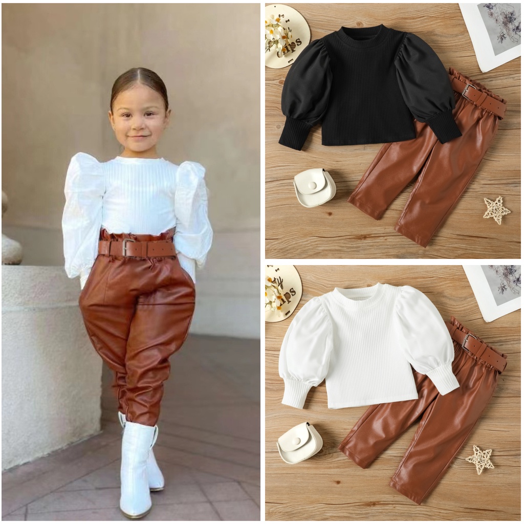 SSP72-FREE BELT Setelan Set Anak Perempuan Kaos Rajut + Celana Kulit Coklat