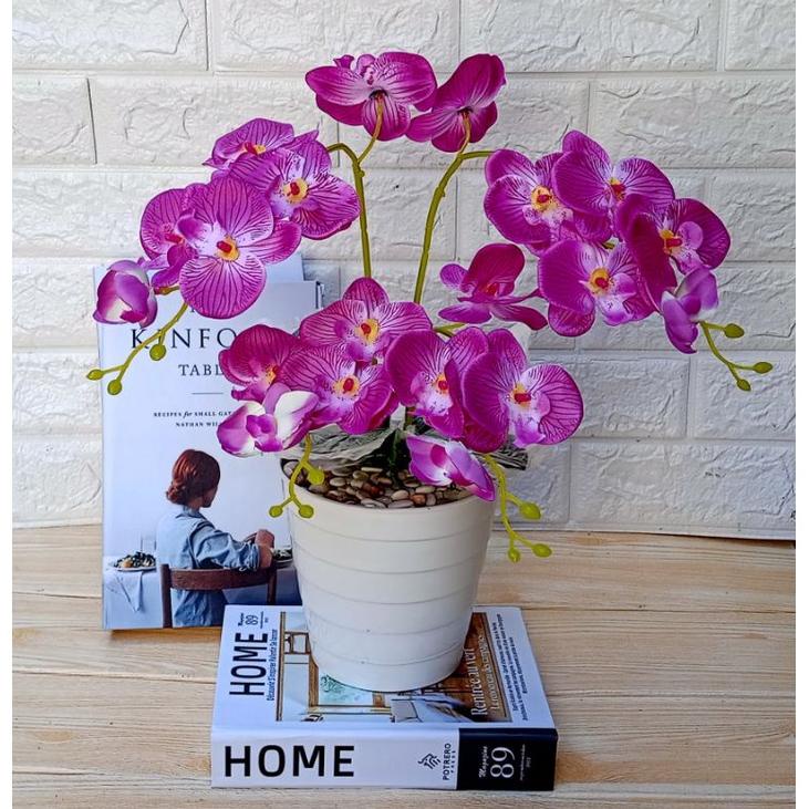 bunga anggrek jumbo artificial pot menara//tanaman hias bunga anggrek plastik empat juntai