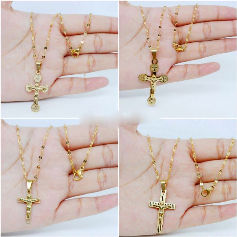 NCFF Kalung Titanium Set Liontin Salib Perhiasan Rohani Kristen Katolik Rosario Corpus Kalung Salib 