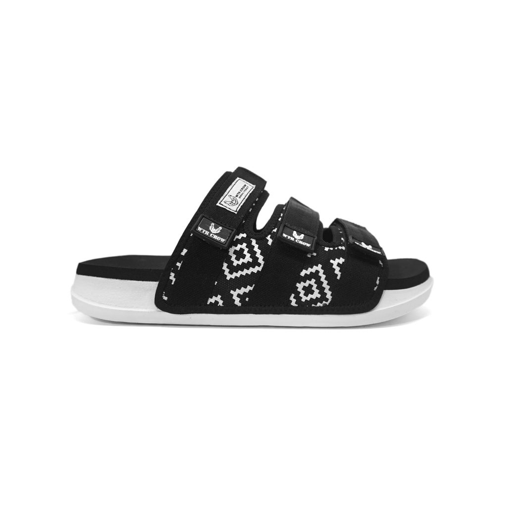Sandal Slide pria  Anti Slip Velcro Kanvas Motif Batik Hitam Putih Velcro WTR Crow Combet Dewasa