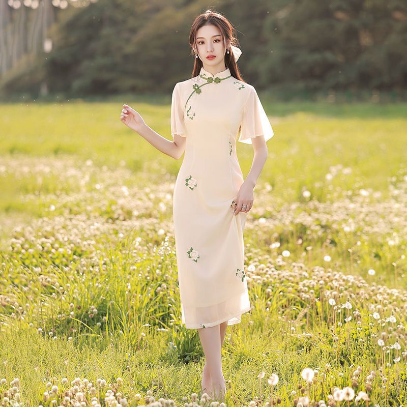 [MikanHiro Store] Cheongsam 2022 new improved women's summer high-end Zen tea clothes Aodai tea high-end clothing for artisans