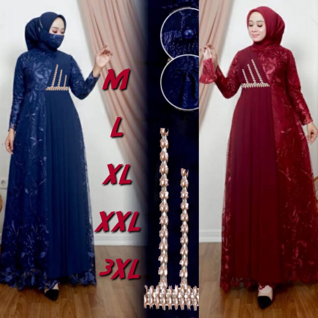 Gamis muslim Syari Canila Fashion Terbaru Brukat premium Baju Wanita Jumbo Abaya Syari Remaja Kekinian Kondangan Pesta Terbaru Bunga Cokelat Navy Putih