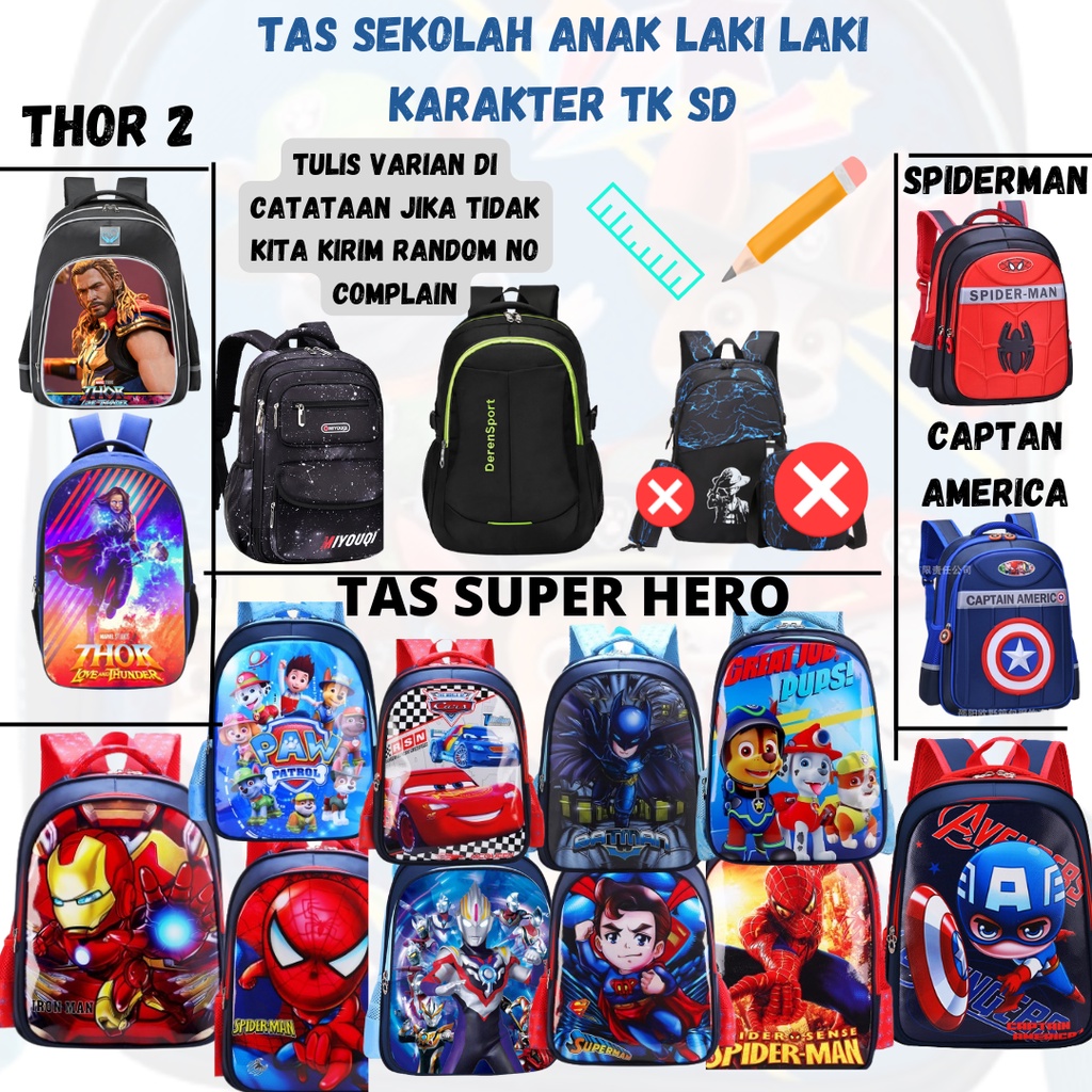 Tas Sekolah Thor Avangers Marvel Superhero Spiderman Tas Ransel Anak Sekolah Laki-Laki SD TK Tas Tas Les Termurah Best Seller Tas Spiderman Tas Captain America Tas Thor Tas Avangers  Tas Marvel Tas Superhero