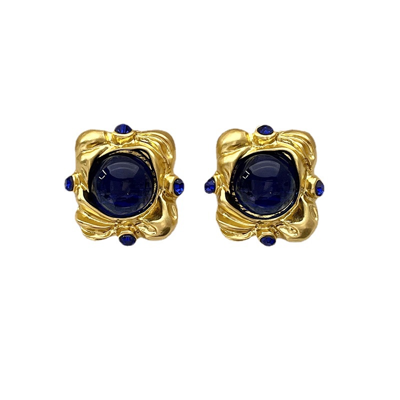 Anting Tusuk Bentuk Kotak Kaca Warna Biru Gaya Retro Untuk Wanita