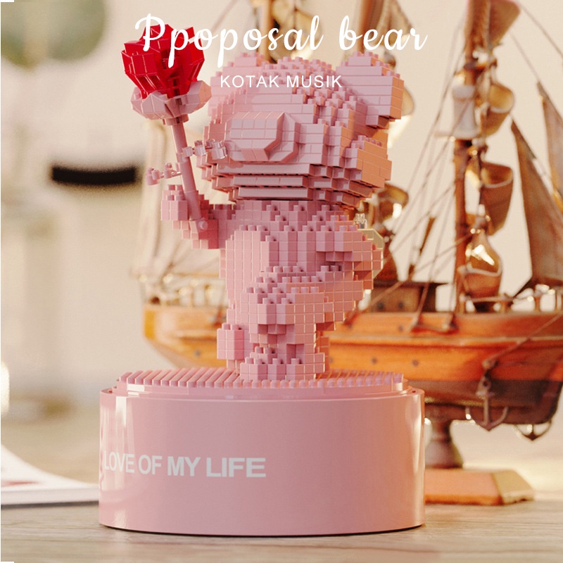 Nano Block Kotak Musik Flower Beruang Block Mainan Anak Bear Balok Susun Hadiah Hari Valentine