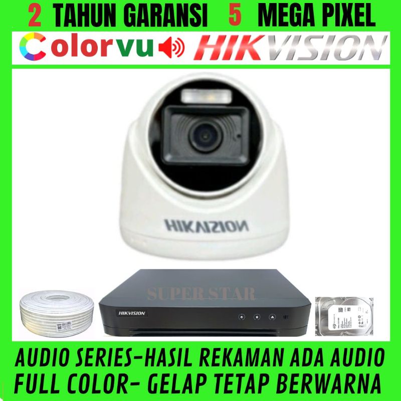 PAKET CCTV HIKVISION COLORVU 4 CHANNEL 1 KAMERA 5MP AUDIO  FULL COLOR SIANG MALAM BERWARNA